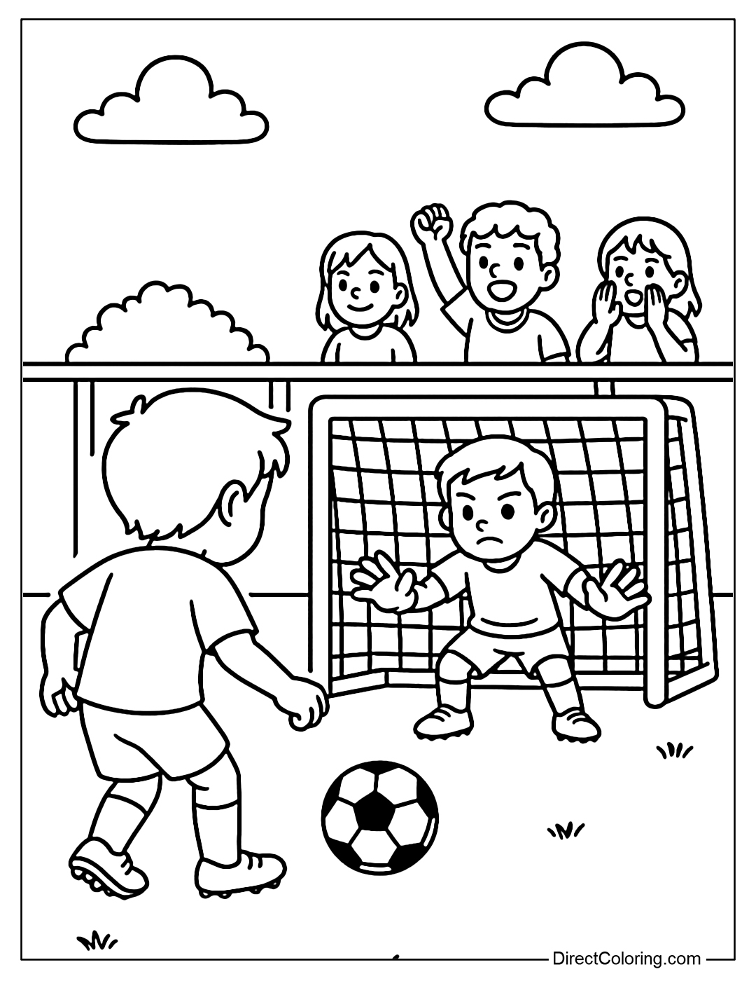 Coloring page for the child to be a goalkeeper, you prepare to take a penalty kick - with a small audience cheering